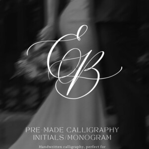 May include: Black and white image featuring the word "LETTERALLY" at the top. A white calligraphy monogram of the letters "C" and "B" is in the center. The text "PRE-MADE CALLIGRAPHY INITIALS/MONOGRAM" is below the monogram. The bottom text reads "Handwritten calligraphy, perfect for invitations, stationery or keepsake."