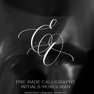May include: Elegant white calligraphy initials against a blurred black background. The word "LETTERALLY" is at the top, with "PRE-MADE CALLIGRAPHY INITIALS/MONOGRAM" and a description at the bottom. The design is suitable for invitations and stationery.