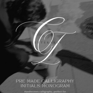 May include: Monochrome image featuring the word "LETTERALLY" and a stylized monogram. The text "PRE-MADE CALLIGRAPHY INITIALS/MONOGRAM" is displayed below, with the tagline "Handwritten calligraphy, perfect for invitations, stationery or keepsake."