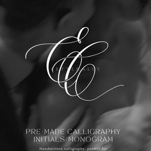 May include: Elegant white calligraphy monogram on a blurred black and gray background. The word "LETTERALLY" is at the top, with "PRE-MADE CALLIGRAPHY INITIALS/MONOGRAM" and text about handwritten calligraphy below.