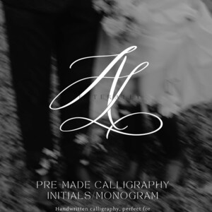 May include: Monochrome image featuring the word "LETTERALLY" at the top and a stylized white monogram in the center. Below, the text reads "PRE-MADE CALLIGRAPHY INITIALS/MONOGRAM". The bottom text says "Handwritten calligraphy, perfect for invitations, stationery or keepsake".