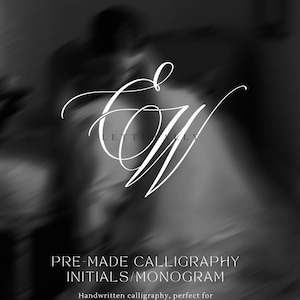 May include: A monochrome image with the word "LETTERALLY" at the top. It showcases white calligraphy initials and the text "PRE-MADE CALLIGRAPHY INITIALS/MONOGRAM". The description below highlights the product's use for invitations and stationery.