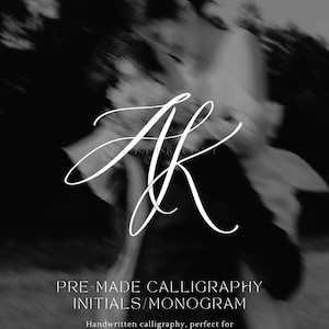 May include: Monochrome image featuring the word "LETTERALLY" at the top. The image showcases a white calligraphy monogram of the letters "A" and "K". Below, the text reads "PRE-MADE CALLIGRAPHY INITIALS/MONOGRAM". The bottom text states "Handwritten calligraphy, perfect for invitations, stationery or keepsake".