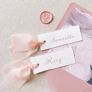 Silk ribbon Handmade Paper Place Cards with Calligraphy