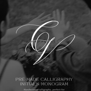 May include: Monochrome image featuring the word "LETTERALLY" at the top. A white calligraphy monogram is the focal point. Below, text reads "PRE-MADE CALLIGRAPHY INITIALS/MONOGRAM". The bottom text says "Handwritten calligraphy, perfect for invitations, stationery or keepsake."