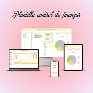 Peut inclure: Une maquette de planification financière numérique affichée sur un ordinateur portable, un moniteur de bureau, une tablette et un smartphone. Les écrans affichent des graphiques et un calendrier. Le texte "Plantilla control de finanzas" est en haut.