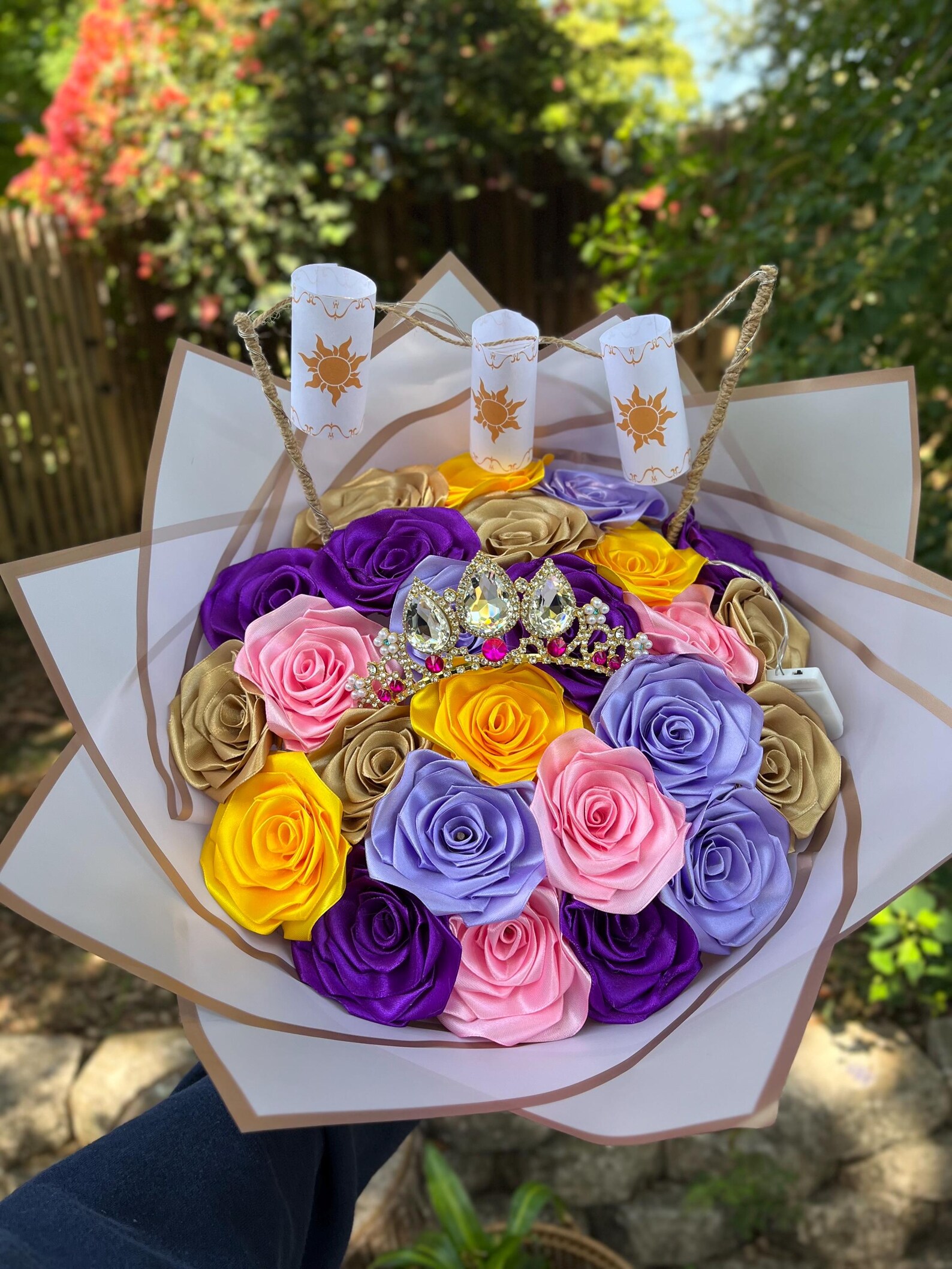 Princess Rapunzel Satin Rose Bouquet | Anniversary Gift With Crown - Etsy