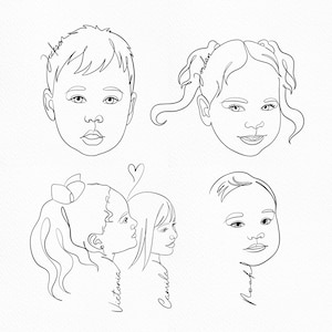 Four minimalist children face line drawings. Custom fine line portrait commission for siblings, family tattoos, and clean ink designs.