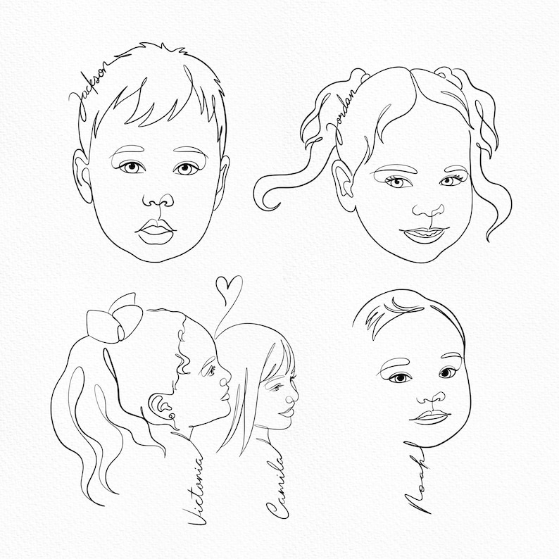 Four minimalist children face line drawings. Custom fine line portrait commission for siblings, family tattoos, and clean ink designs.