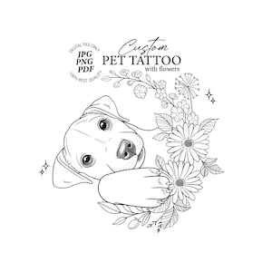 Custom Cute Dog Memorial Tattoo, Cartoon Black and White Pet Tattoo Design, Dog Outline Tattoo, Fine Line Dog Tattoo with Flowers