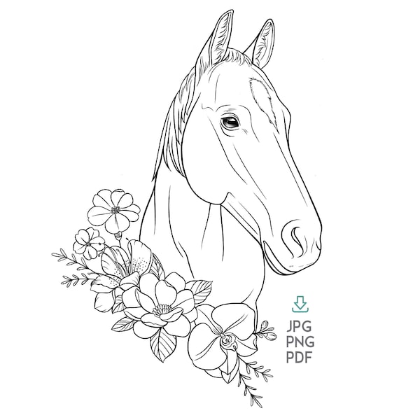 Individuell angefertigtes Pferde Portrait Portrait Zeichnung vom Foto, personalisiertes Line Zeichnung Tattoo, Pferd Skizze, Pferd Line Zeichnung Tattoo Auftragsarbeit