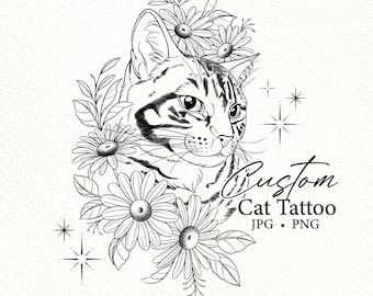 Custom Cat Tattoo Portrait – Line Art with Flowers – Personalized Cat Drawing from Photo – Pet Memorial Gift