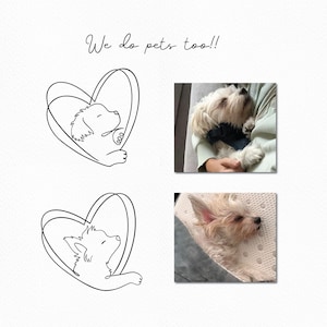 Custom pet line art inside heart outlines next to dog photos. Ideas for a minimalist dog tattoo commission or pet memorial artwork.