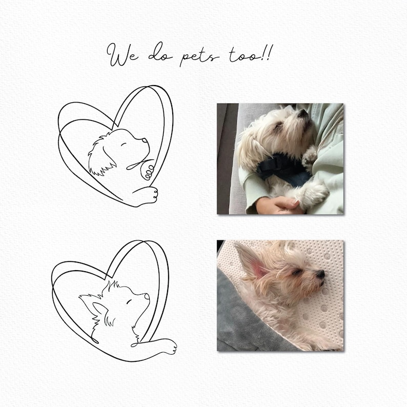 Custom pet line art inside heart outlines next to dog photos. Ideas for a minimalist dog tattoo commission or pet memorial artwork.