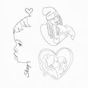 Minimalist family and baby face tattoo examples. Fine line drawing with a heart shape and silhouette tattoo illustrations from photos.