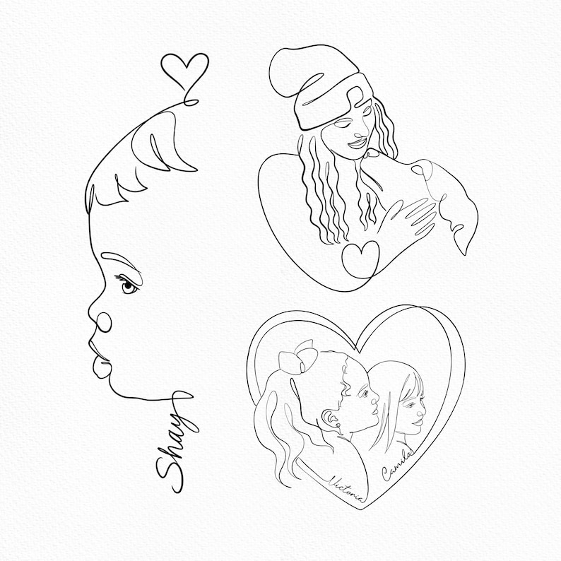 Minimalist family and baby face tattoo examples. Fine line drawing with a heart shape and silhouette tattoo illustrations from photos.