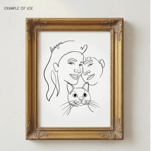 Framed family and pet line art print used as home decor. Custom tattoo design from photo turned into an elegant minimalist wall art piece.
