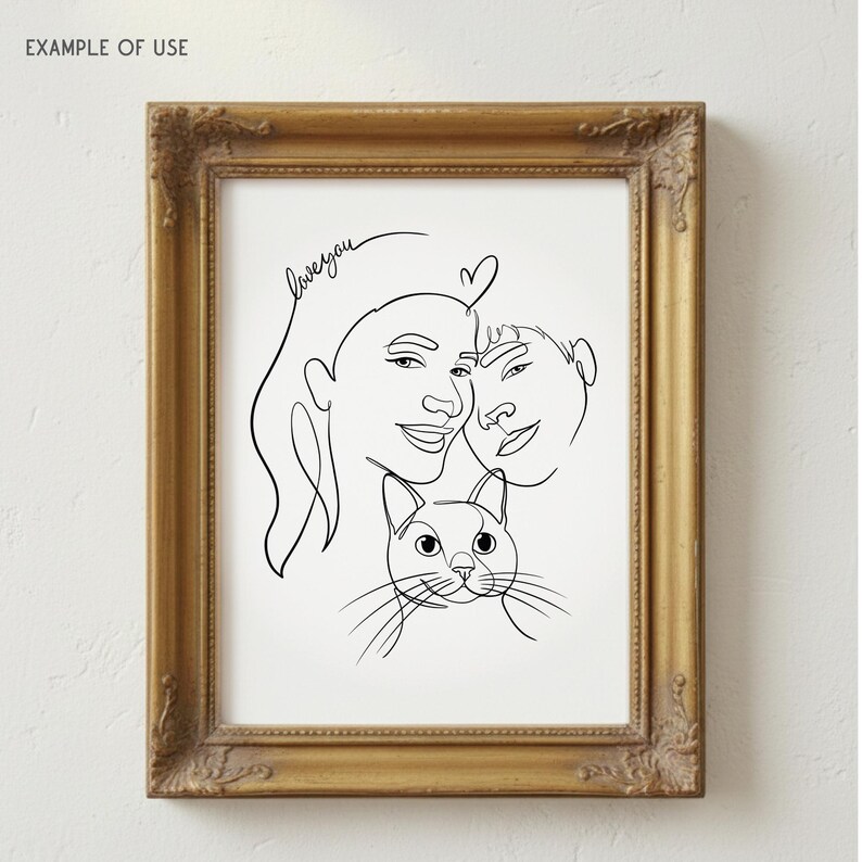 Framed family and pet line art print used as home decor. Custom tattoo design from photo turned into an elegant minimalist wall art piece.