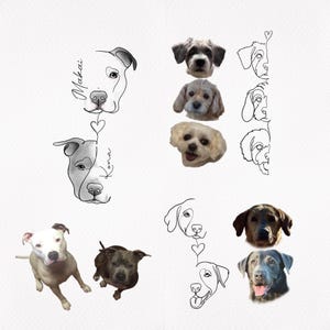 Multiple dog tattoo design examples with original pet photos. Minimalist pet line art drawings and custom animal portraits from photo.