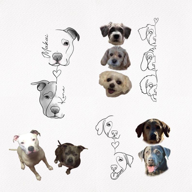 Multiple dog tattoo design examples with original pet photos. Minimalist pet line art drawings and custom animal portraits from photo.