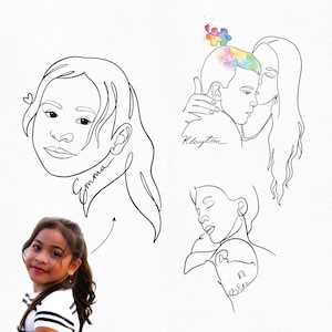 Custom line art portraits of a girl and mother with baby from photos. Perfect ideas for a meaningful family memorial tattoo design.