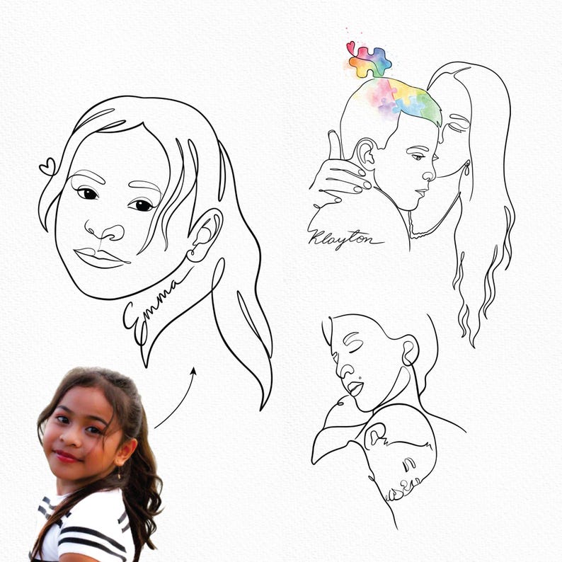 Custom line art portraits of a girl and mother with baby from photos. Perfect ideas for a meaningful family memorial tattoo design.