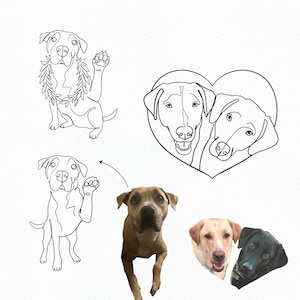 Custom dog portrait drawing and pet line art inside a heart. Minimalist personalized commission for multiple pets or dog memorial tattoo.