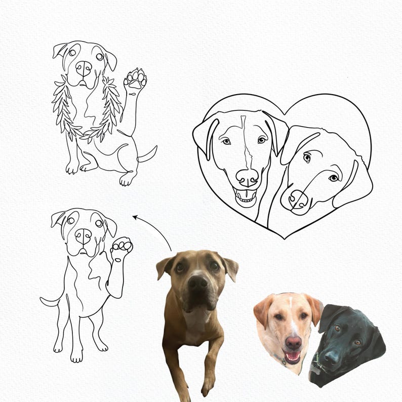 Custom dog portrait drawing and pet line art inside a heart. Minimalist personalized commission for multiple pets or dog memorial tattoo.