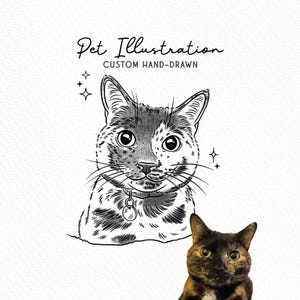 Puede incluir: Una ilustración de línea en blanco y negro de un gato con ojos grandes y un collar, con el texto Pet Illustration CUSTOM HAND-DRAWN encima, acompañada de una pequeña fotografía de un gato carey en la esquina inferior derecha.