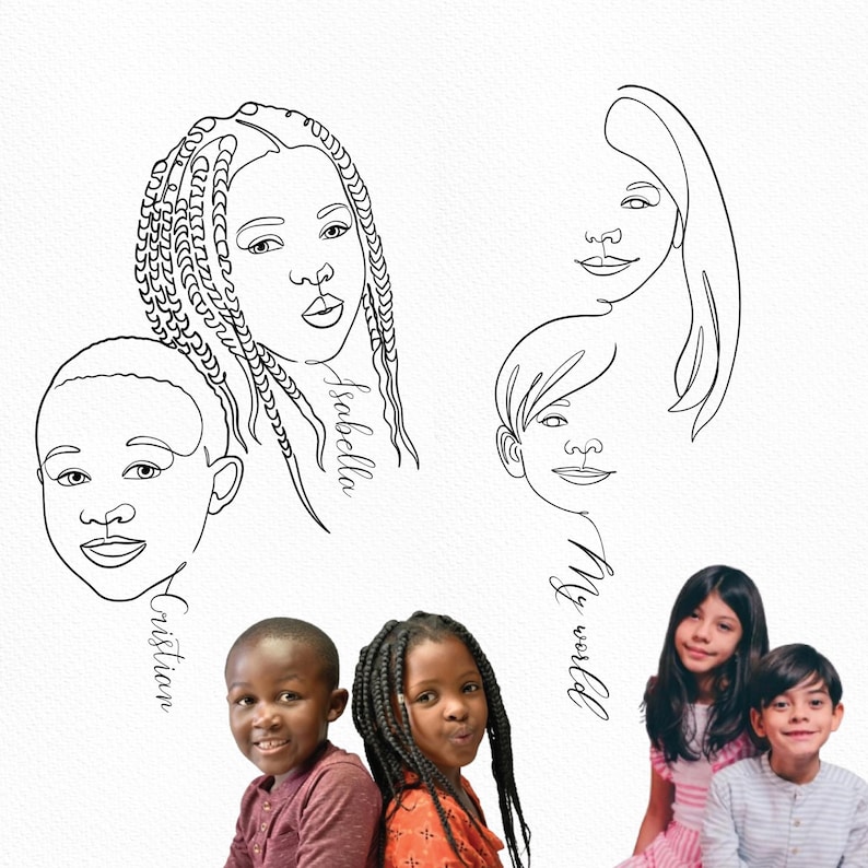 Fine line portrait of a mother with three children. Custom family tattoo commission from photo and continuous single line drawings.