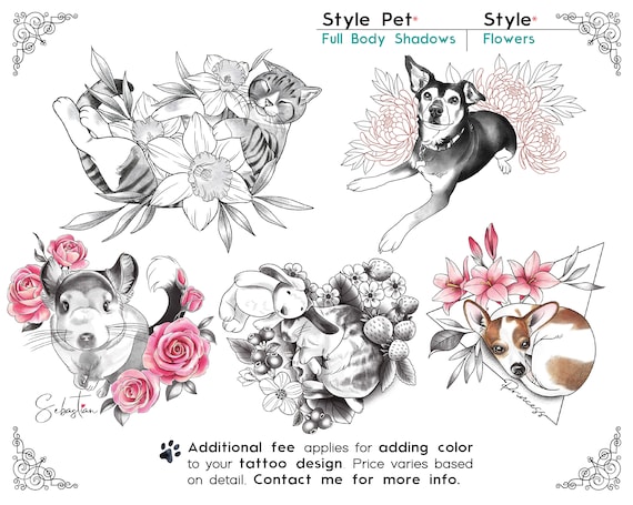 Custom Pet Tattoo Line Drawing, Dog Cat ANY Pet Tattoo DIGITAL PORTRAIT,  Pet Outline Sketch From Photo With Flower, Commission Tattoo 