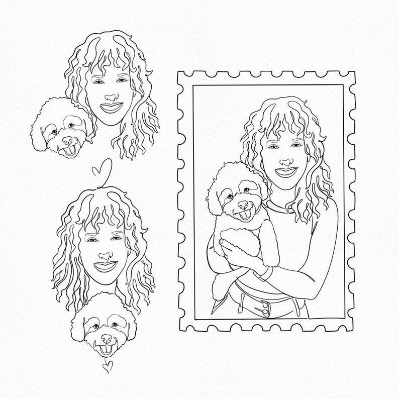Custom line art drawing of a woman and her dog inside a vintage stamp frame. Creative fine line portrait and personalized pet commission.