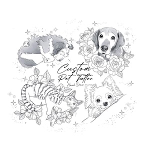 Diseño de tatuaje personalizado para mascotas / Retrato de perro o gato dibujado a mano / Plantilla de flor de nacimiento (descarga digital)