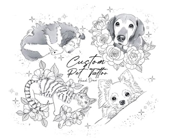Custom Fine Line Pet Tattoo Design Birth Flower | Hand Drawn Dog, Cat Memorial Portrait