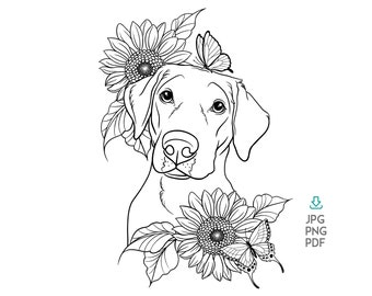 Custom Line Drawing Pet Portrait, Custom Dog Tattoo Design Pet with Flowers Stencil Pet Tattoo Art Commission, Dog Drawing From Photos