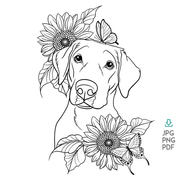 Custom Line Drawing Pet Portrait, Custom Dog Tattoo Design Pet with Flowers Stencil Pet Tattoo Art Commission, Dog Drawing From Photos