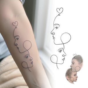Intertwined face line tattoo on arm from a photo. Elegant single line drawing stencil ready for a professional fine line tattoo artist.
