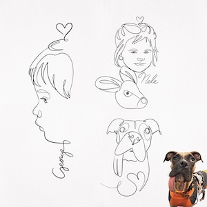 Baby face tattoo line art profile next to a custom dog portrait drawing. Cute personalized line art tattoo commission from reference photo.