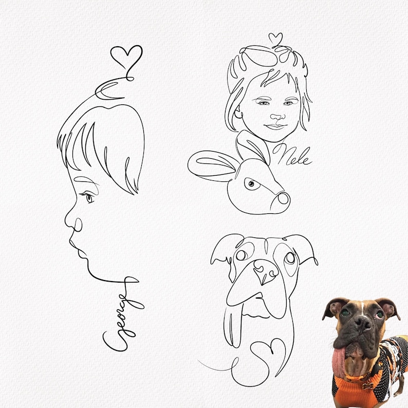 Baby face tattoo line art profile next to a custom dog portrait drawing. Cute personalized line art tattoo commission from reference photo.