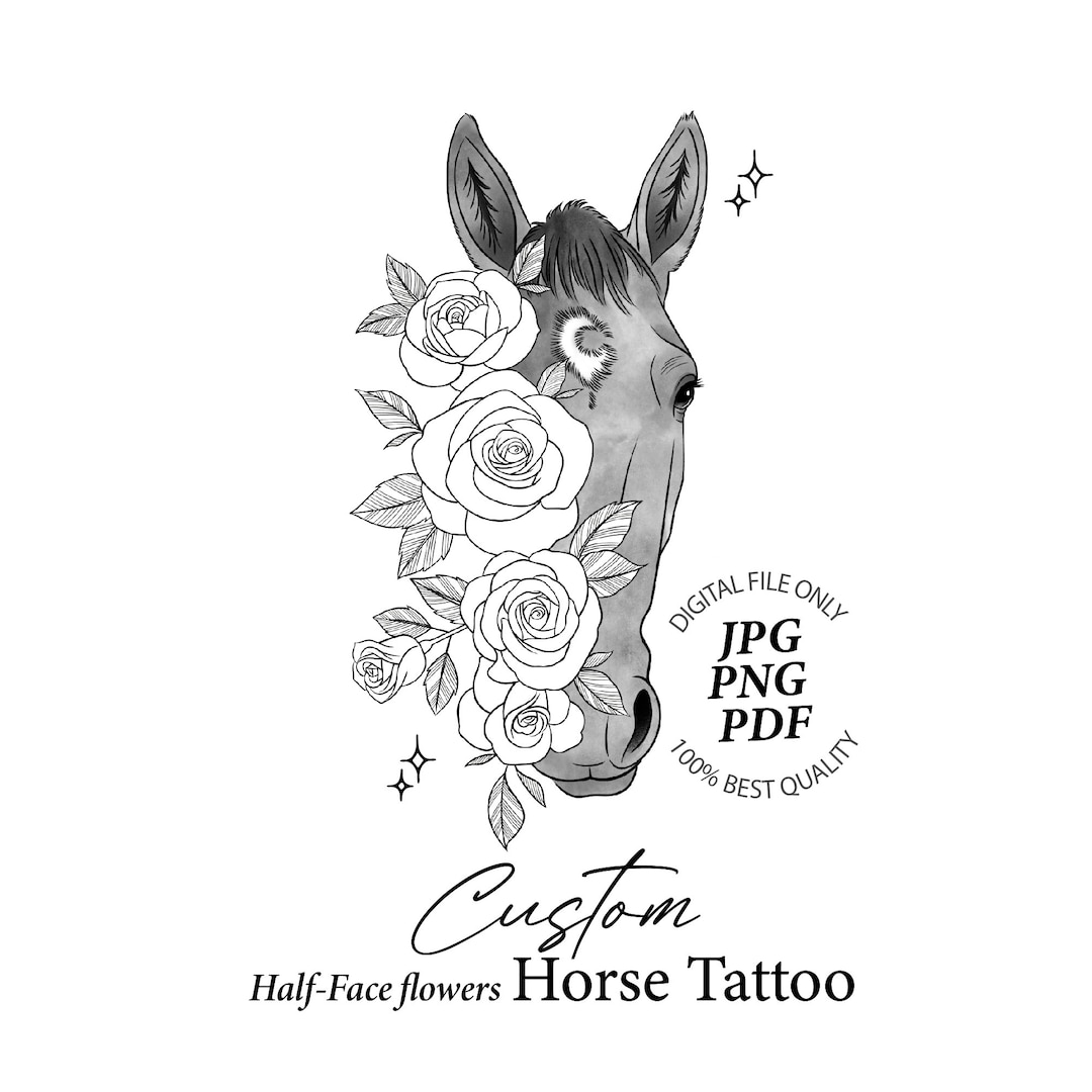 custom-horse-tattoo-design-horse-portrait-and-flowers-tattoo-horse-fine-line-tattoo-printable-stencil-custom-horse-drawing-digital-etsy