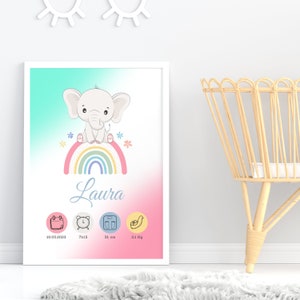 Personalisiertes Geburtsposter, Regenbogenelefant - blau, rosa, gelb - Babyzimmerdekor, Mädchen - Geburtsgeschenk - digitale Datei