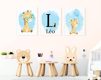Set of 3 birth posters "baby blue giraffe" baby room decoration, child, birth gift - digital file or A4 and A3 poster