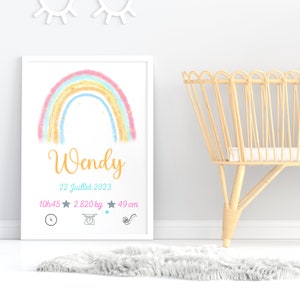 Personalized birth poster, pastel rainbow pink, blue, yellow - baby room decor, girl- birth gift - digital file