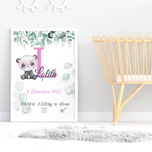 Póster de nacimiento personalizado pequeño panda con bisel rosa y eucalipto - regalo de nacimiento - archivo digital o póster A4 y A3