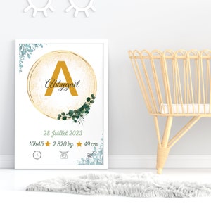 Cartel de nacimiento personalizado follaje verde y dorado acuarela, decoración de habitación de bebé mixto - regalo de nacimiento - archivo digital