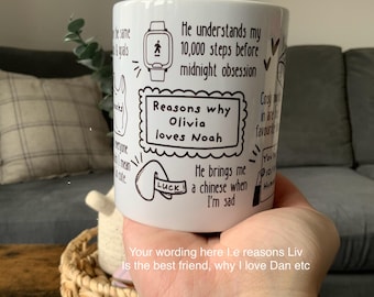May include: White ceramic mug with black handwritten text and illustrations. The mug says "Reasons why Olivia loves Noah" and includes phrases like "He understands my 10,000 steps" and "He brings me a chinese when I'm sad."