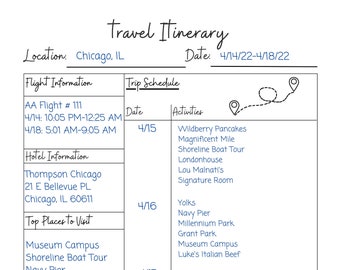 Minimalist Travel Itinerary Template, Vacation Planner (Digital Download)