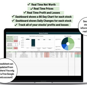 May include: A laptop screen displaying a Google Sheets spreadsheet with a stock portfolio tracker. The spreadsheet shows real-time data, including net worth, prices, profit and loss, and a 90-day chart for each stock. The spreadsheet is titled "Stocks Portfolio".