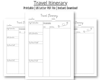 Modello di itinerario di viaggio minimalista / Agenda per le vacanze stampabile (PDF, download immediato)