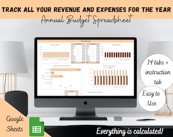 May include: A computer screen displaying a Google Sheets spreadsheet with a budget tracker. The spreadsheet has 14 tabs, including an instruction tab. The spreadsheet is designed to track income and expenses for the year. The spreadsheet is easy to use and everything is calculated automatically. The text on the screen reads "Track all your revenue and expenses for the year" and "Annual Budget Spreadsheet".